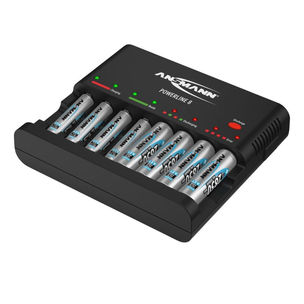 Ansmann Powerline 8 - AA/AAA NiMH Battery Desktop Charger, angle with batteries