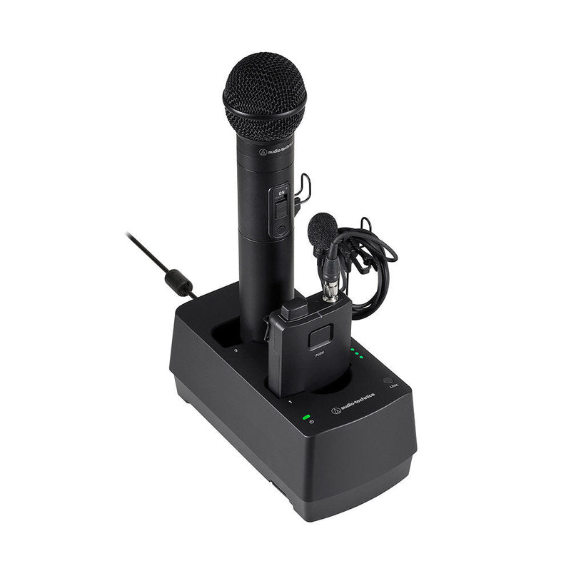 Audio-Technica ESW-CHG4 - ES Wireless Two-Bay Charging Station, shown with handheld and bodypack transmitters and mic hanger