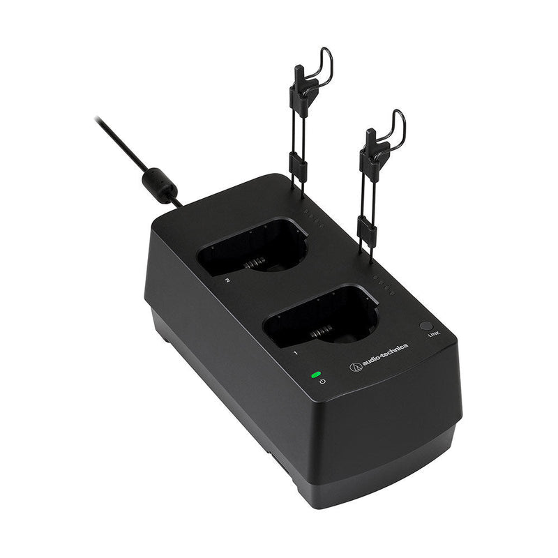 Audio-Technica ESW-CHG4 - ES Wireless Two-Bay Charging Station, shown with included mic hangers