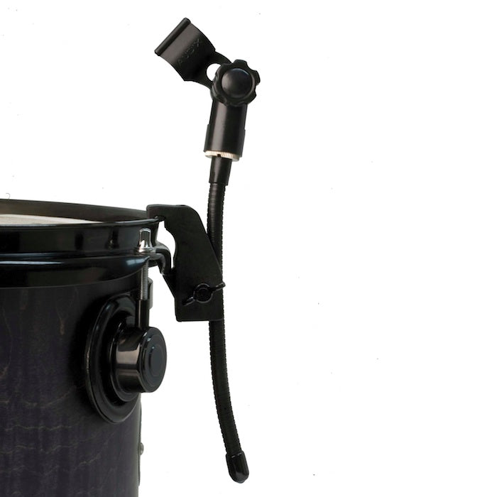 Audix DVICE Flexible Mini-Gooseneck with Rim Mounted Drum Clamp shown with drum