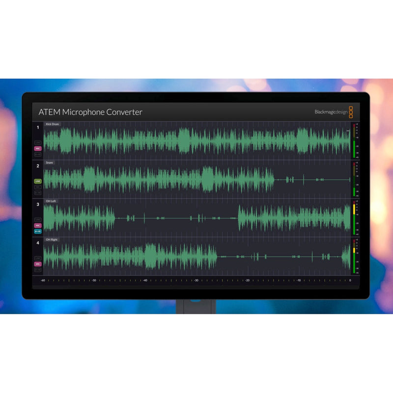 Blackmagic Design ATEM Microphone Converter displays HDMI monitoring with scrolling waveforms