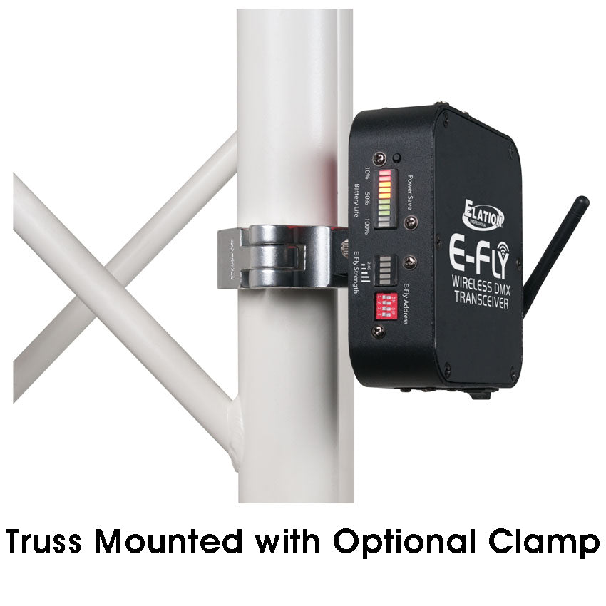 Elation E-FLY Wireless DMX Transceiver, truss mounted with optional clamp