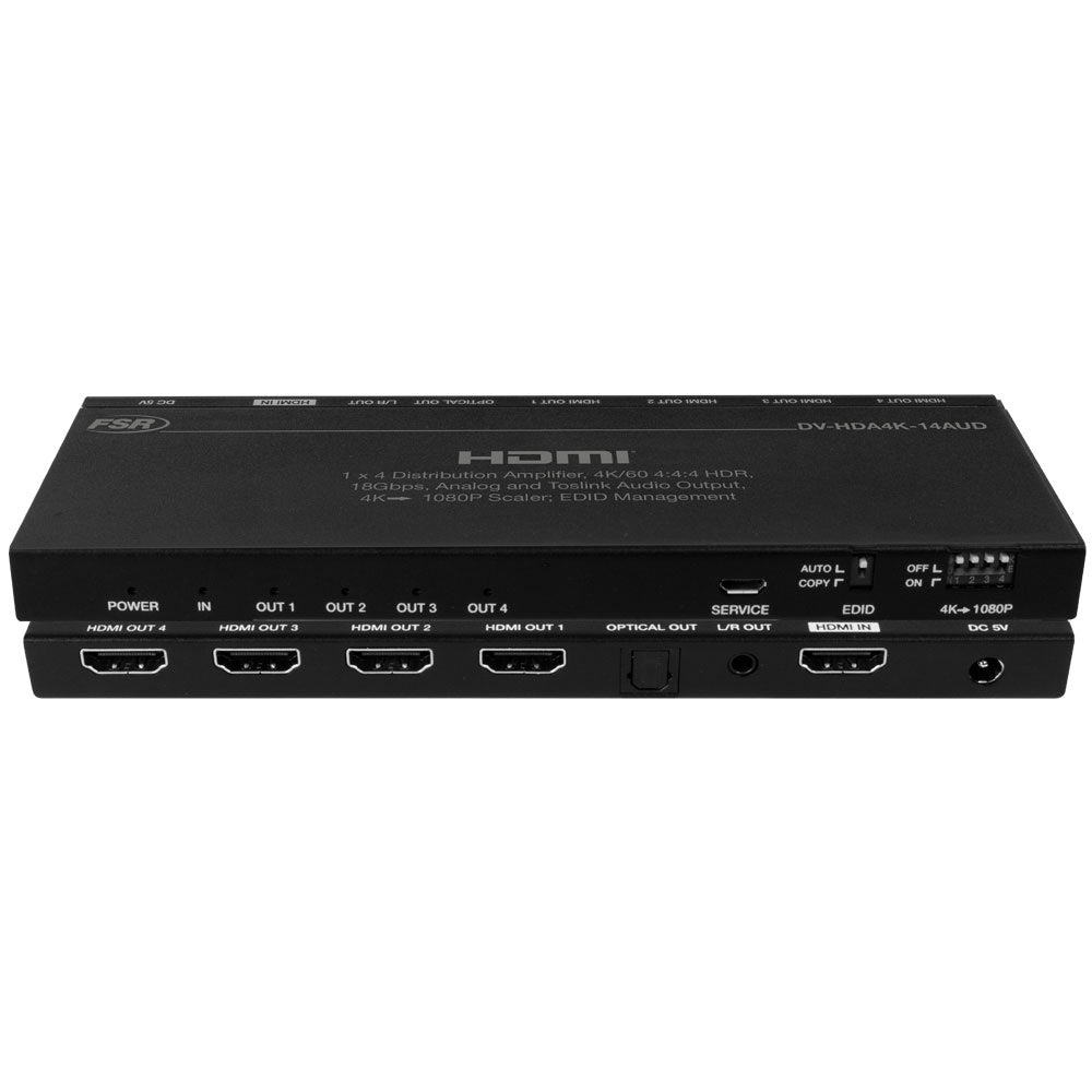 FSR DV-HDA4K-14AUD - 4K 1x4 HDMI Distribution Amplifier, stcaked - front and rear views shown simultaneously