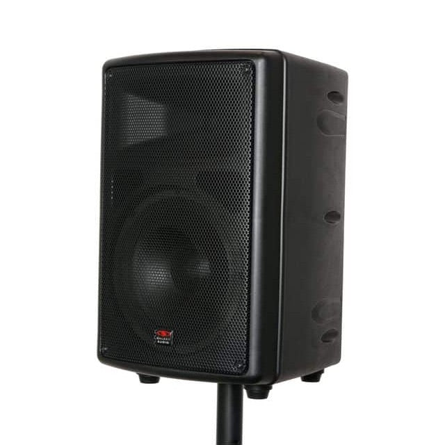 Galaxy Audio TQ8X - Rechargeable Portable PA Speaker System, left view stand mounted
