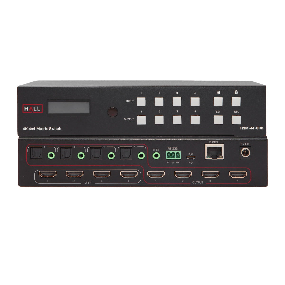 Hall Technologies HSM-44-UHD - 4K 4x4 Matrix Video Switcher, front and rear views