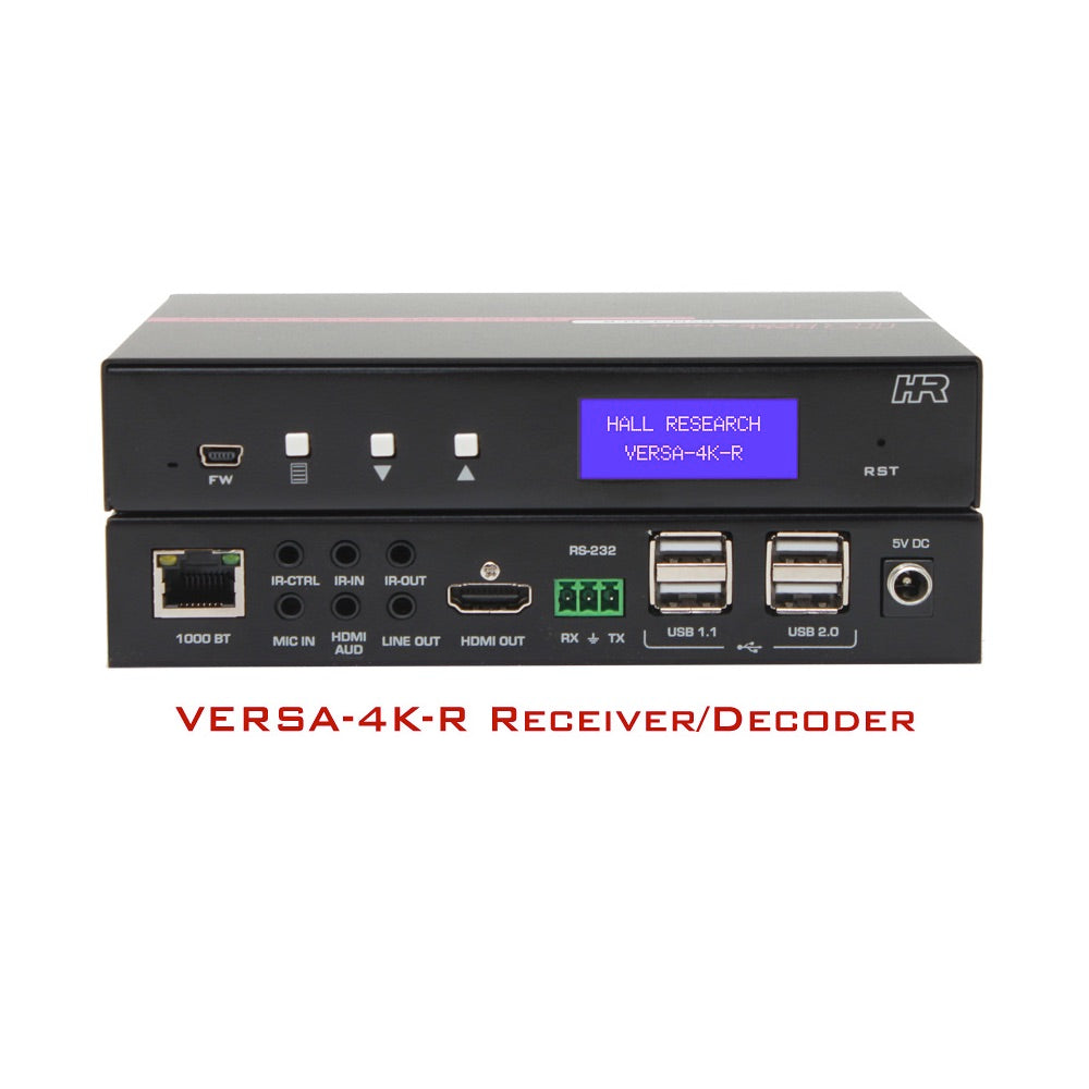 Hall Technologies VERSA-4K-R - 4K Video & USB over IP Receiver/Decoder, front and rear views
