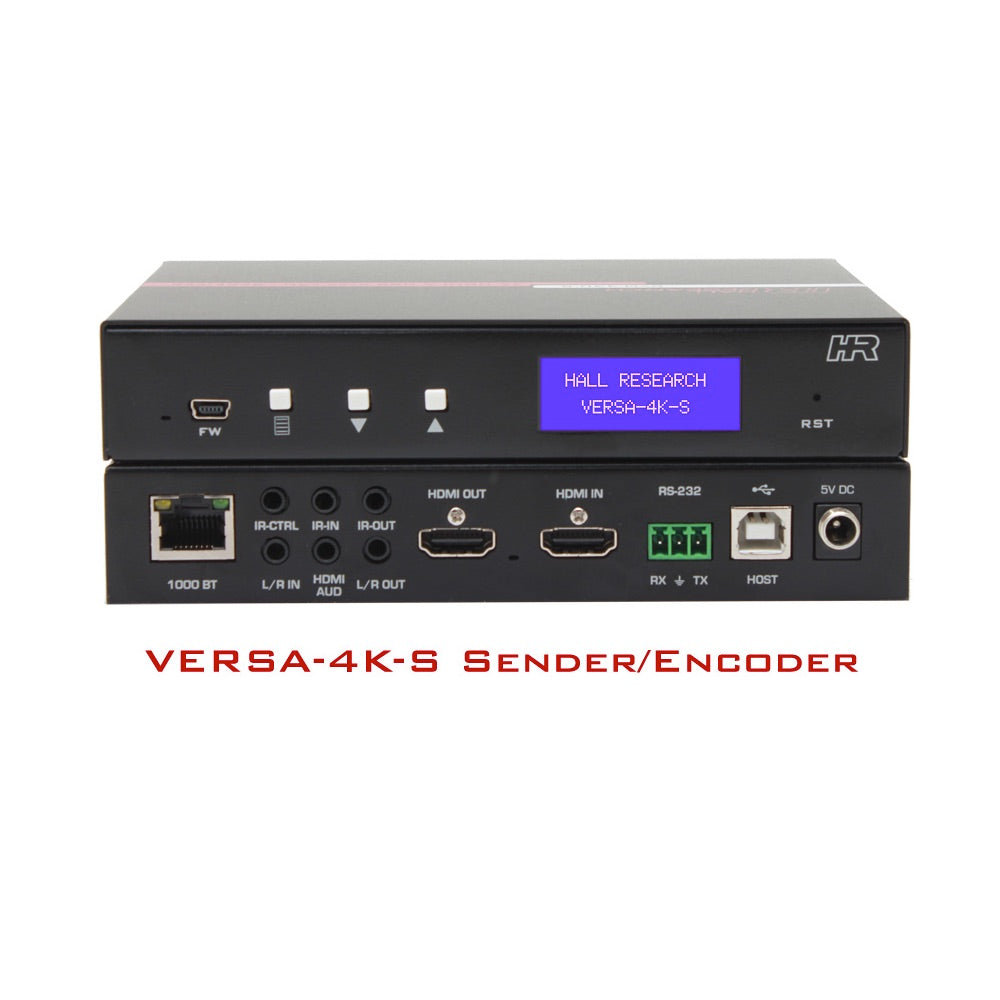 Hall Technologies VERSA-4K-S - 4K Video & USB over IP Sender/Encoder, front and rear views