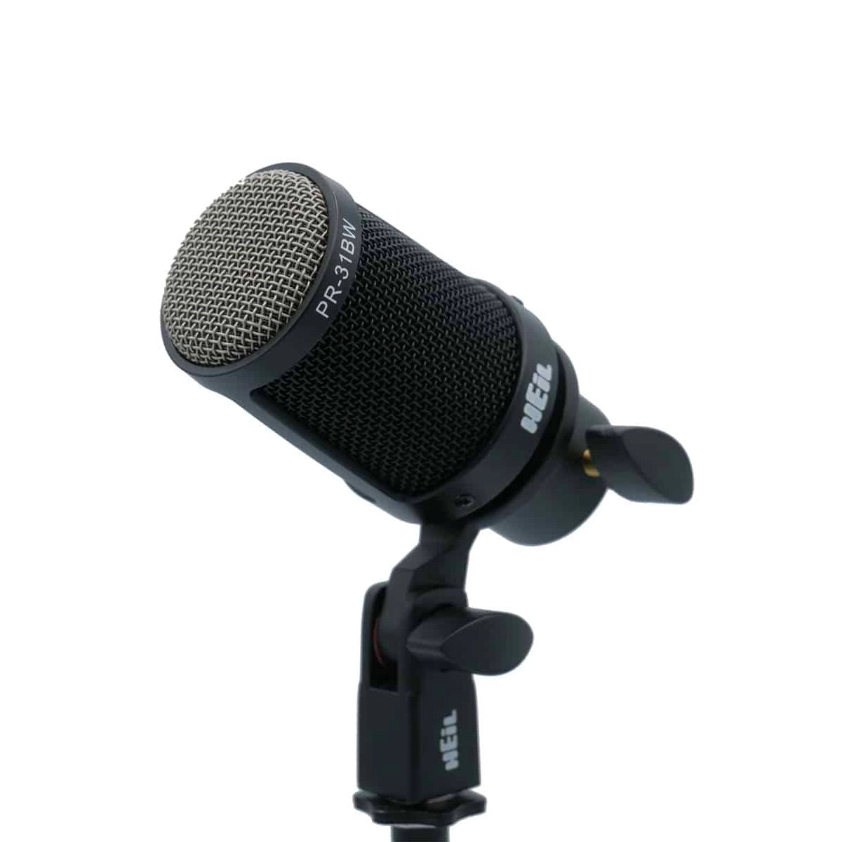 Heil PR 31 BW Large Diaphragm Dynamic Microphone, mounted on a mic stand, angle view