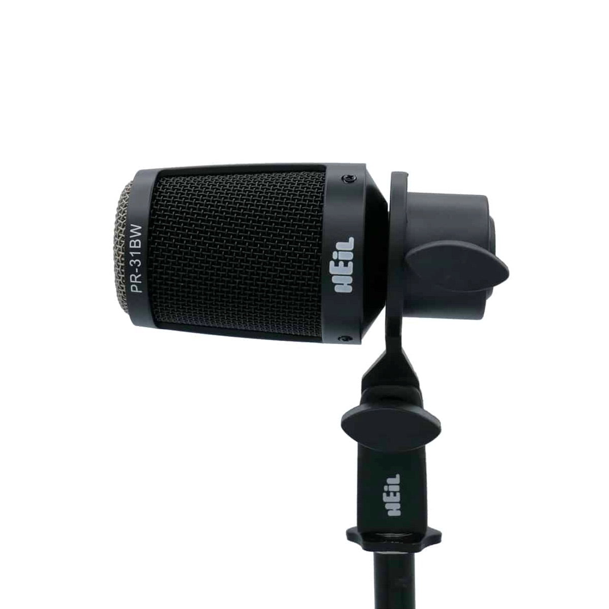 Heil PR 31 BW Large Diaphragm Dynamic Microphone, mounted on a mic stand, side view