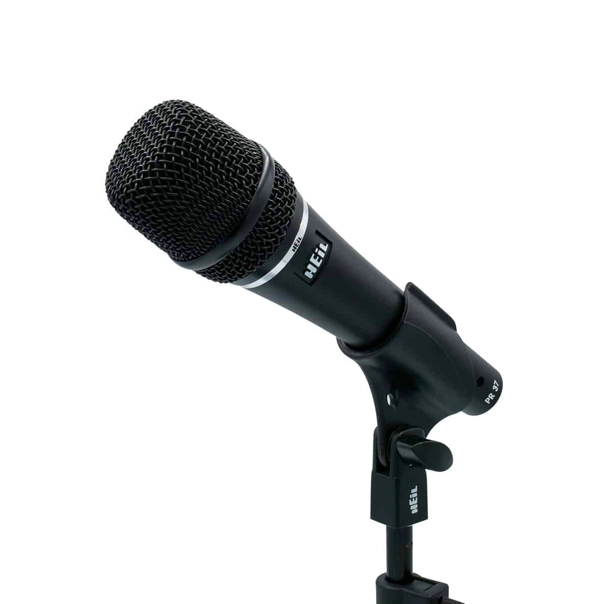 Heil PR 37 Handheld Dynamic Vocal Microphone, mounted in a mic clip