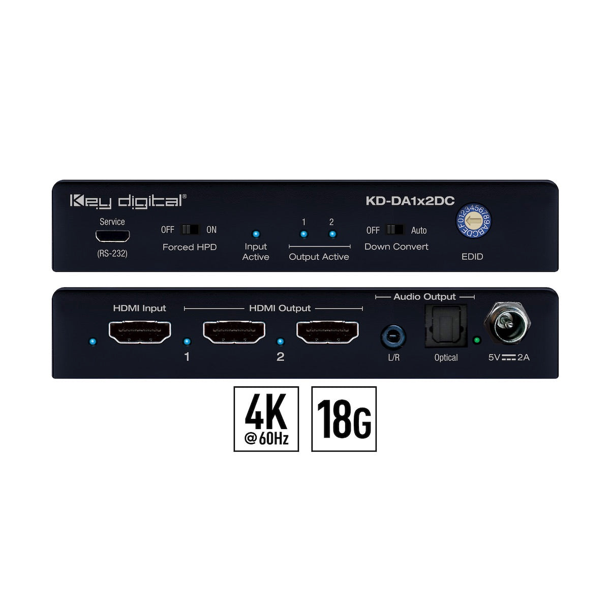 Key Digital KD-DA1x2DC - 1x2 4K/18G HDMI Distribution Amplifier, front and rear views
