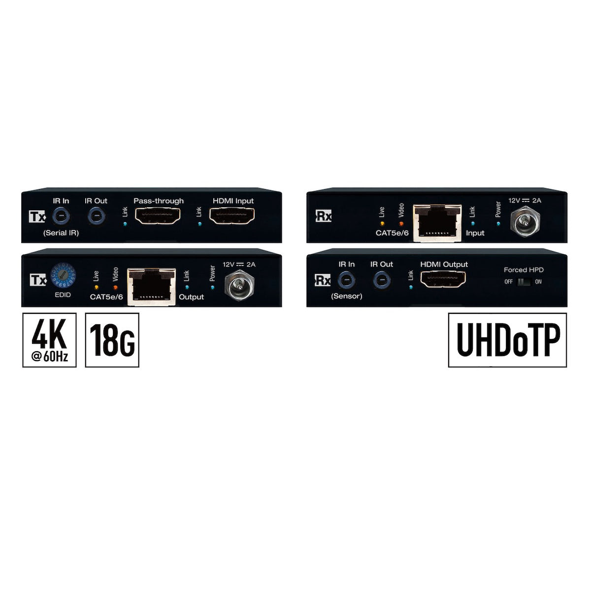 Key Digital KD-EX18G - 4K UHDoTP with HDR, HDMI Extender Kit, 35m, front and rear views