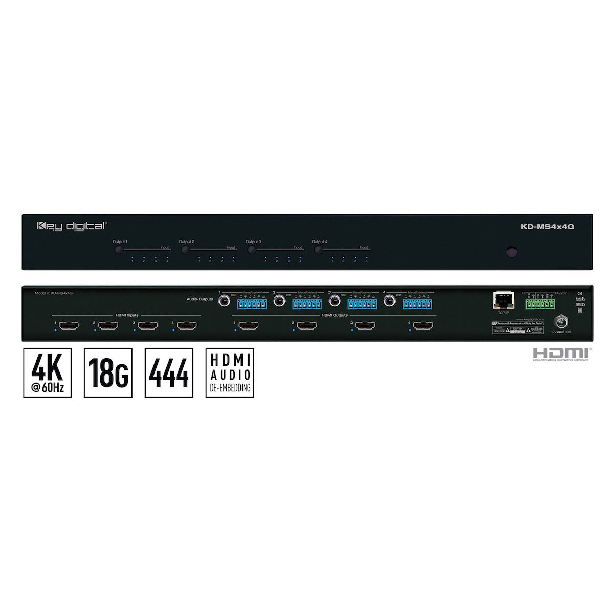 Key Digital KD-MS4x4G - 4x4 4K/18G HDMI Matrix Switcher, front and rear views