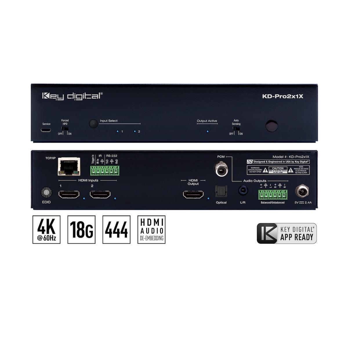 Key Digital KD-Pro2x1X - 2x1 4K/18G HDMI Switcher, front and rear views