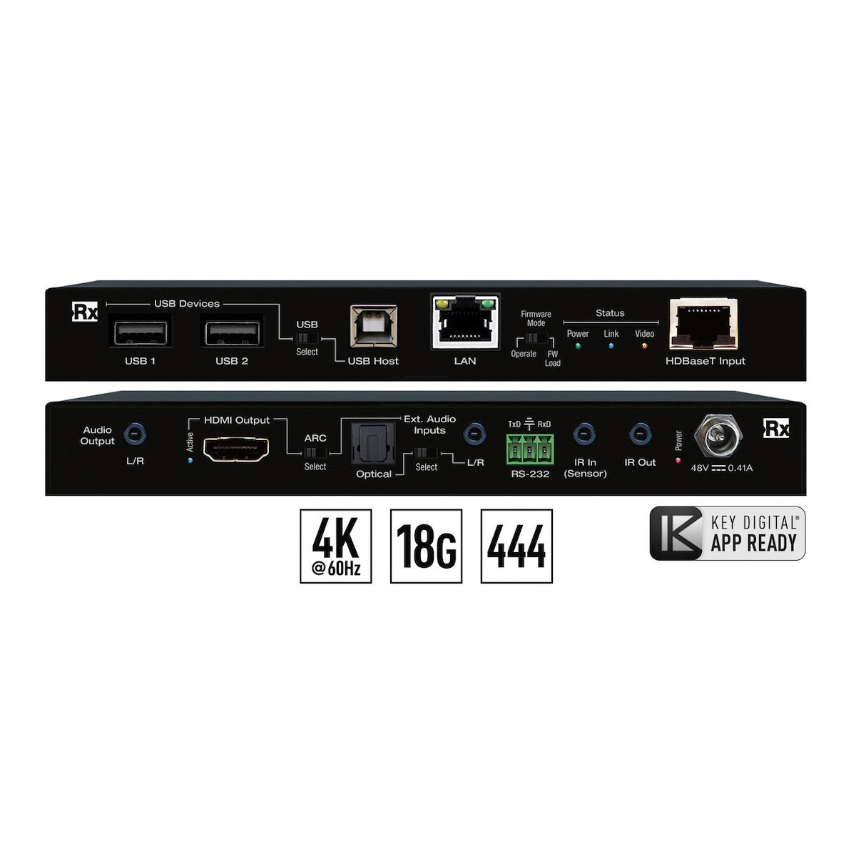 Key Digital KD-X100MRx - 4K/18G HDBaseT Receiver, 100m, front and rear views