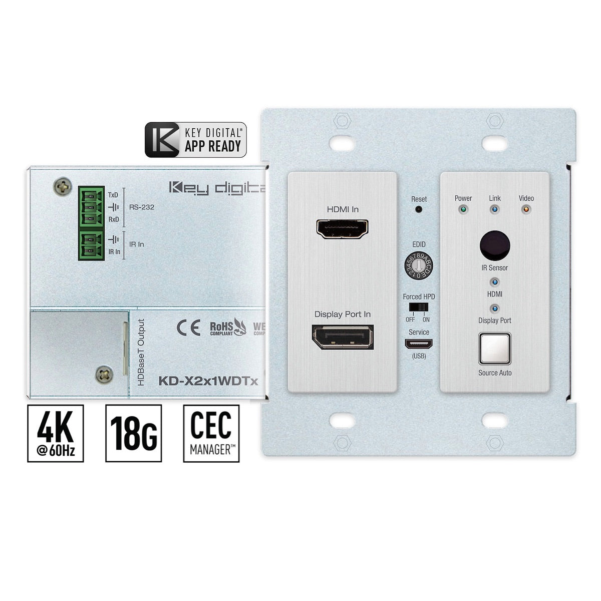 Key Digital KD-X2x1WDTx - 4K/18G HDBaseT Wall Plate Switcher, HDMI & DisplayPort, front and rear views