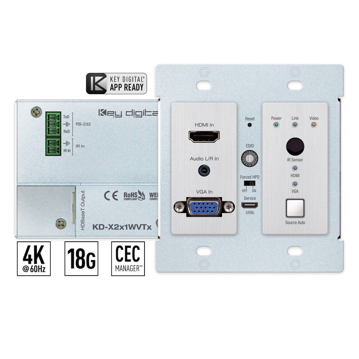 Key Digital KD-X2x1WVTx - 4K/18G HDBaseT Wall Plate Switcher, HDMI & VGA, front and rear views