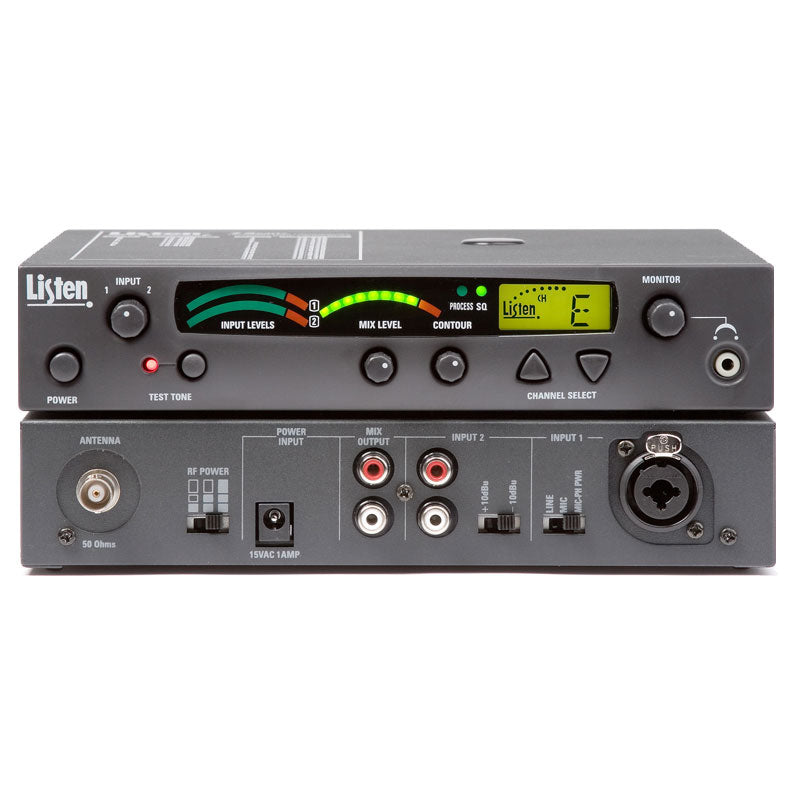 Listen LT-800-072-01 Stationary RF Transmitter, front and rear views