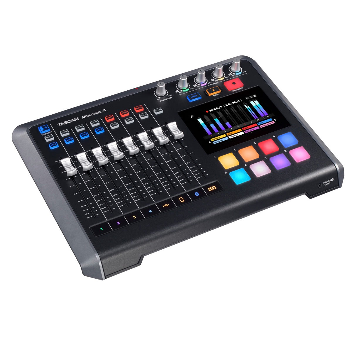 Tascam Mixcast 4 - Podcast Station with Recorder/USB Audio Interface, angled left