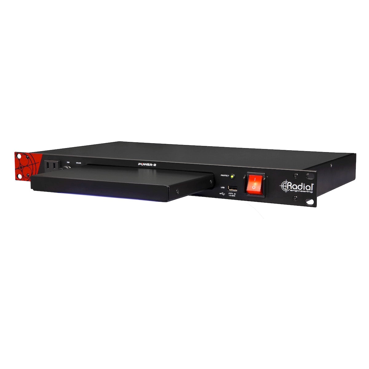Radial Power-2 Rackmount Power Conditioner Surge Suppressor with LED Lighting, right angled view with tray out