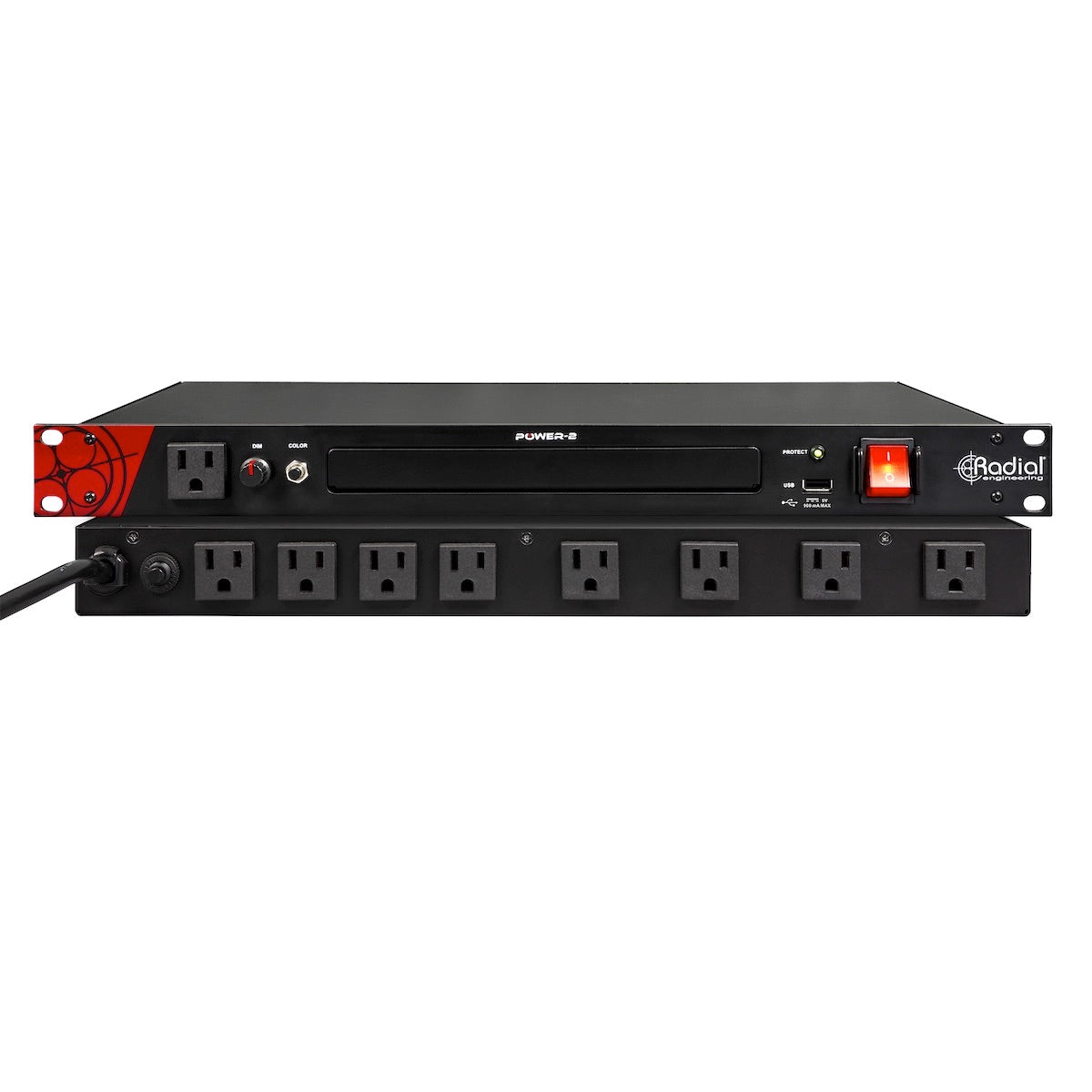 Radial Power-2 Rackmount Power Conditioner Surge Suppressor with LED Lighting, front and rear views