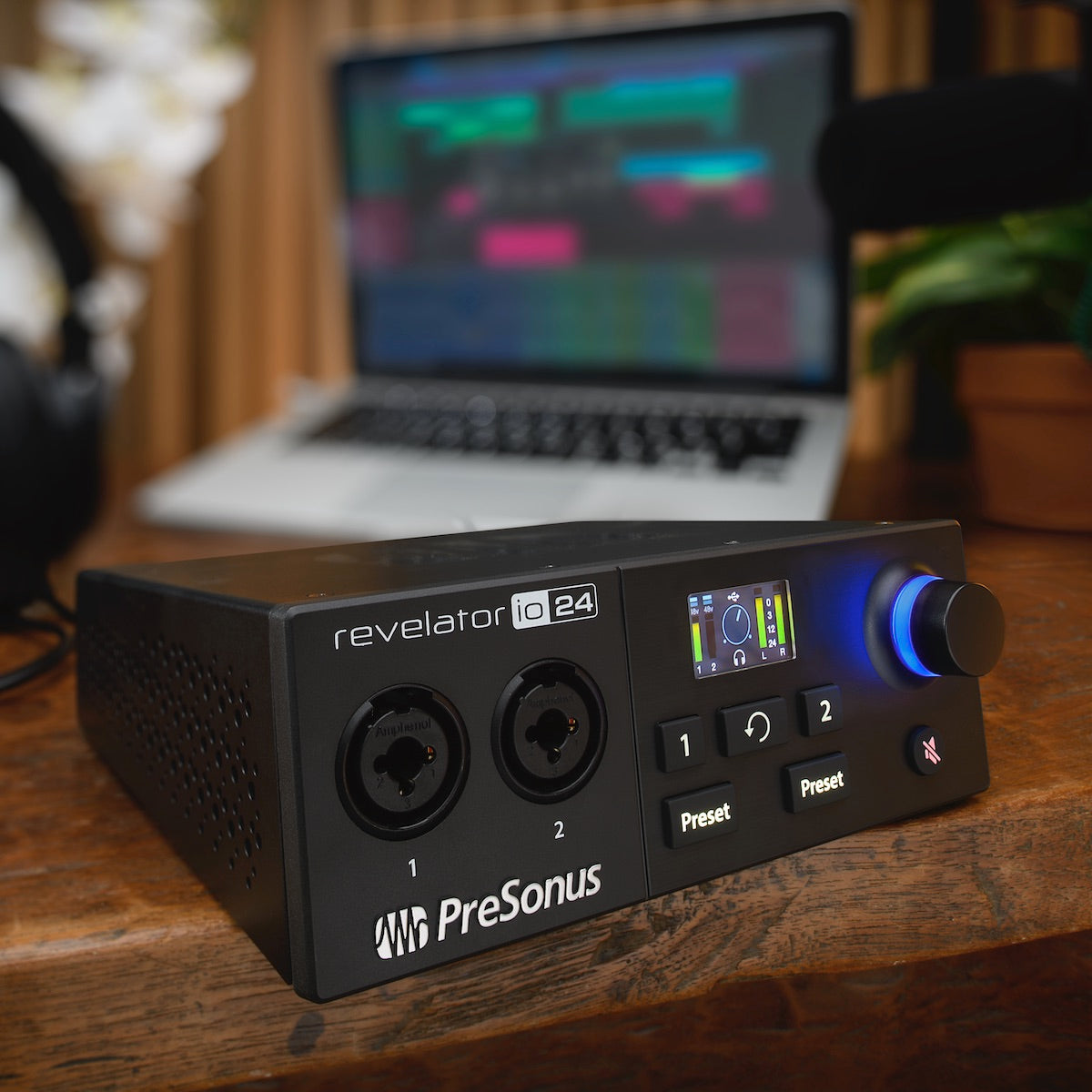 PreSonus Revelator io24 - USB-C Audio Interface for Recording and Streaming, shown in a home studio