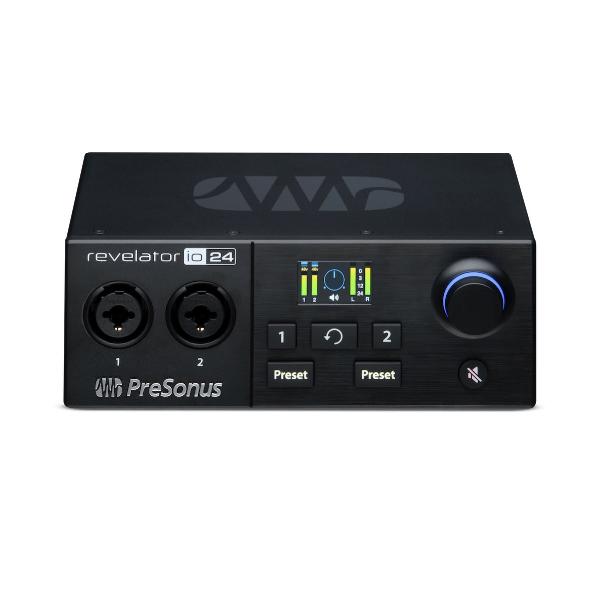 PreSonus Revelator io24 - USB-C Audio Interface for Recording and Streaming, front tilted down view