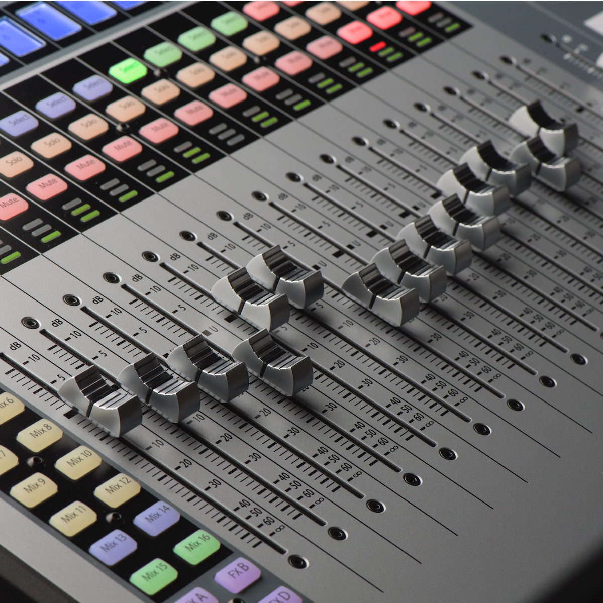 PreSonus StudioLive 32SX - Compact 32-channel Digital Mixer with Effects, faders closeup