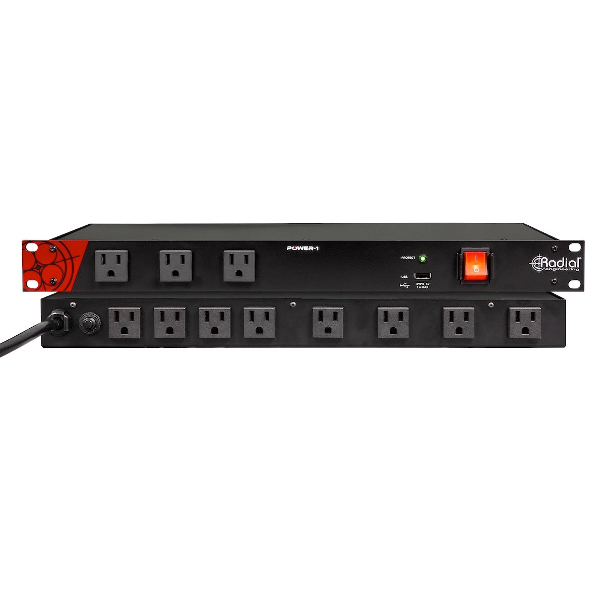 Radial Power-1 Rackmount Power Conditioner Surge Suppressor, front and rear views