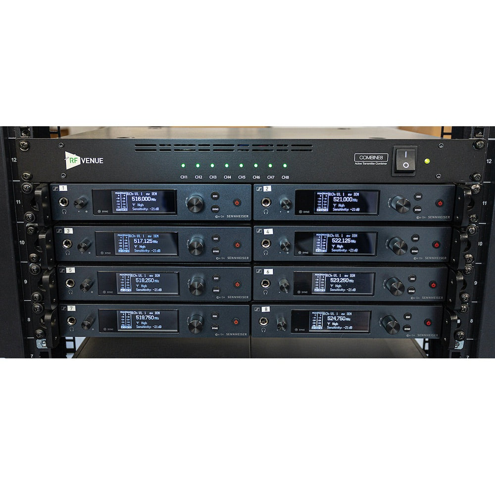 RF Venue COMBINE8 - 8-channel Transmitter Combiner, installed front view