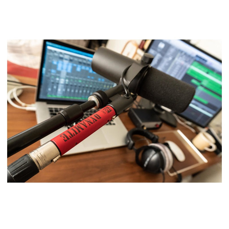 sE Electronics DM1 Dynamite - Active In-line Microphone Preamp, shown on a boom mount mic
