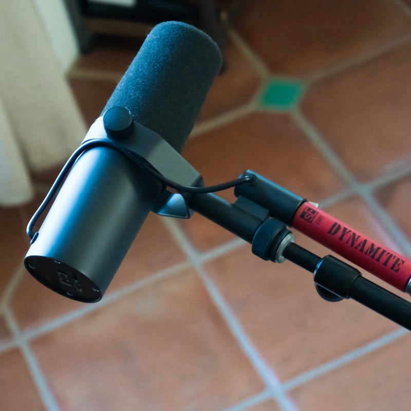 sE Electronics DM1 Dynamite - Active In-line Microphone Preamp, shown connected to a boom mount mic