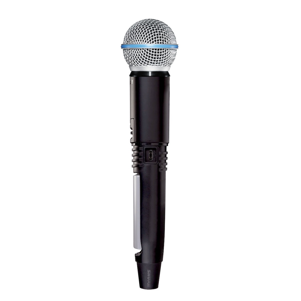 Shure GLXD2+/B58 Beta58A Handheld Transmitter with battery door open and USB-C port exposed