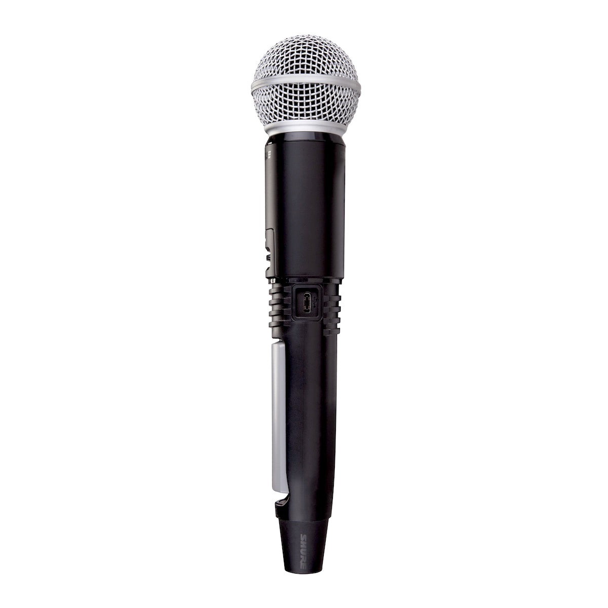 Shure SM58 Handheld Transmitter with battery door removed and USB-C port exposed