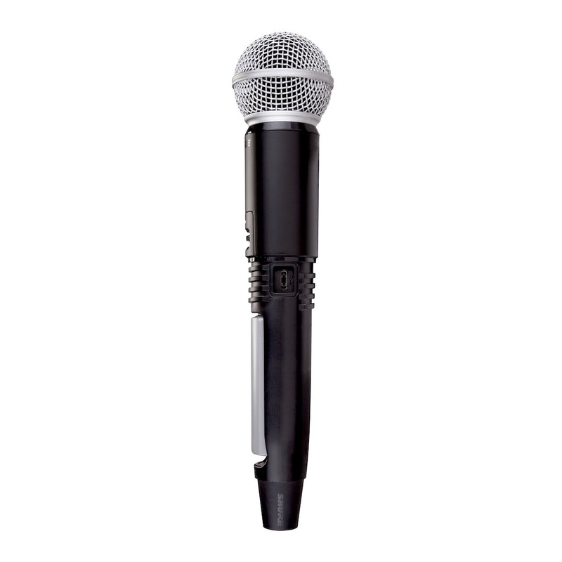 Shure GLXD2+/SM58 SM58 Handheld Transmitter with battery door open and USB-C port exposed