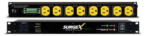 SurgeX SX1120-RT - 20A Rack-mount Surge Elimination with Remote Turn-On, front and rear views