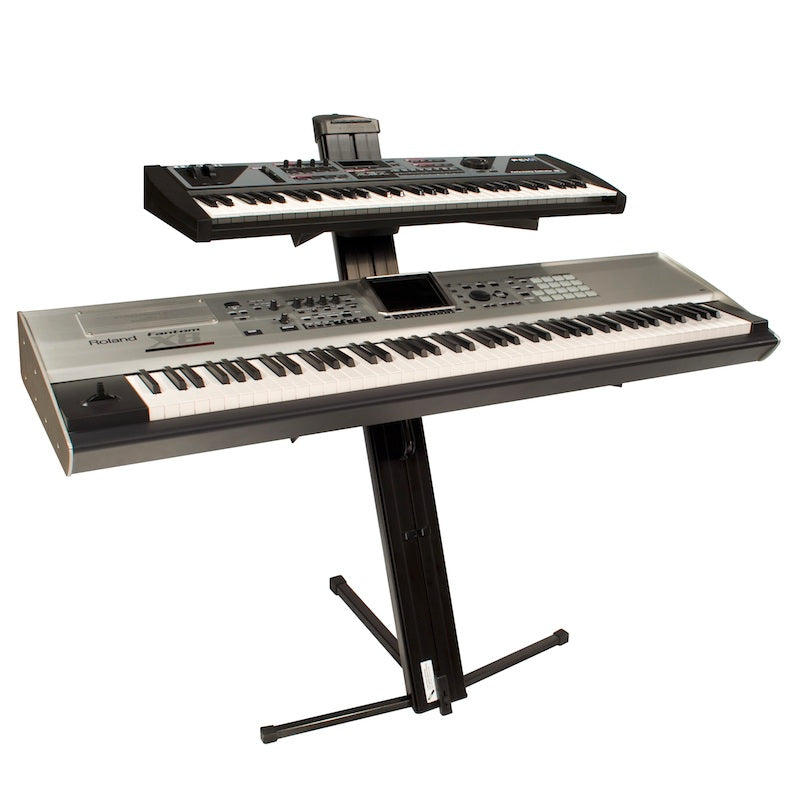 Ultimate Support APEX AX-48 Pro Plus - 2-Tier Stand, Mic Boom, & Bag, shown with 2 keyboards