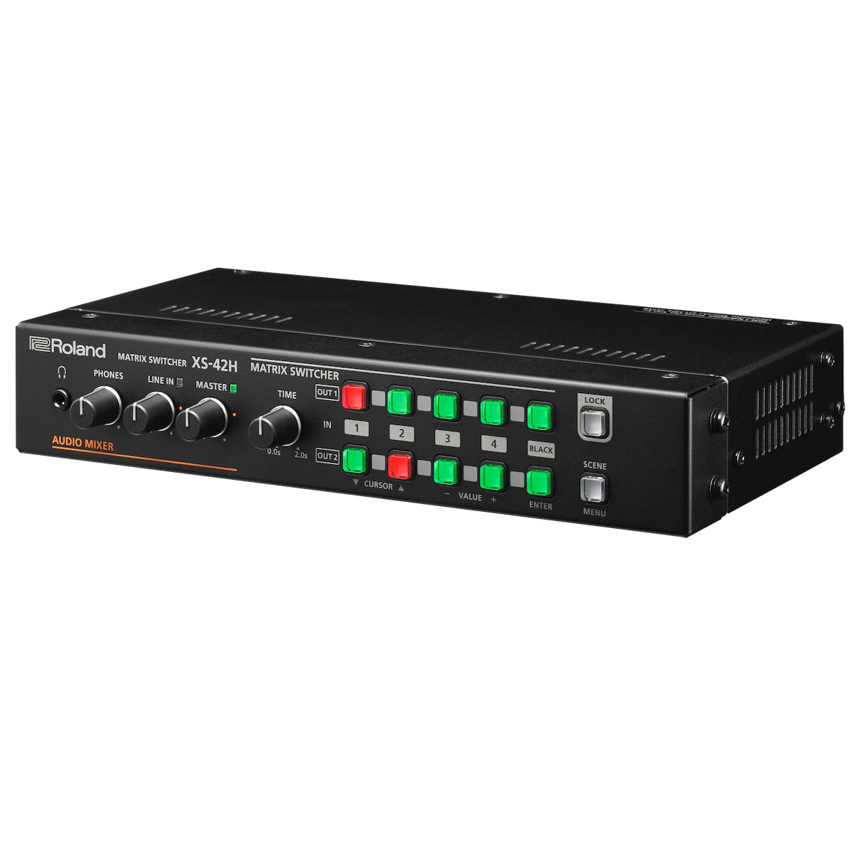Roland XS-42H - Multi-Format AV Matrix Switcher with 4-in x 2-out, right 3/4 view